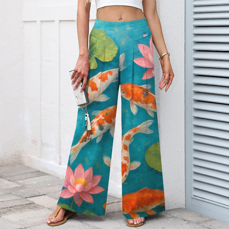 Buddha Stones Pantalon large à taille élastique et poches pour femme, en coton et lin, motif carpes koï rouges et blanches et lotus roses. - image 1