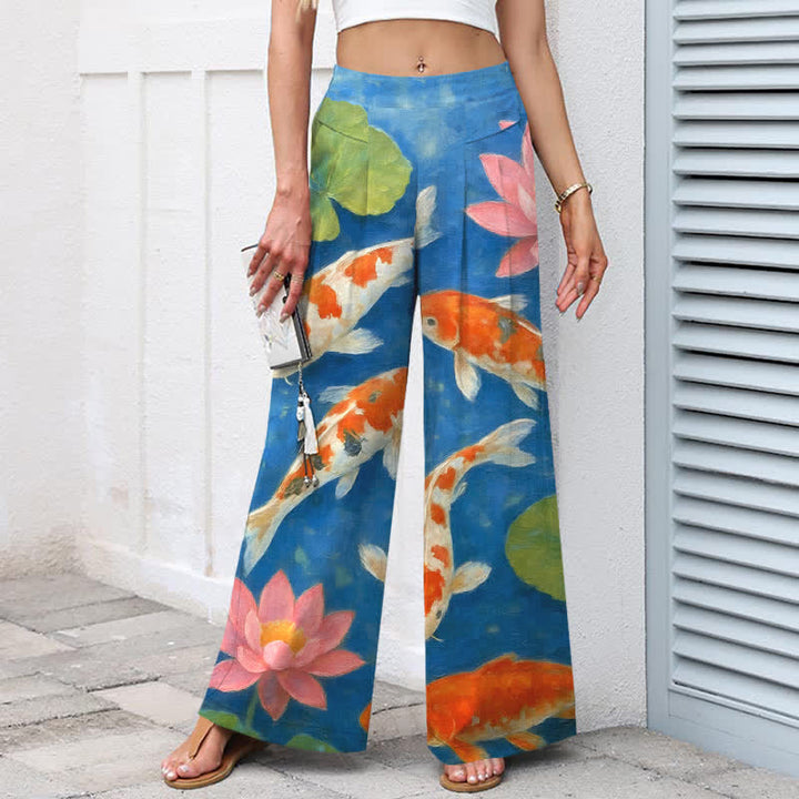 Buddha Stones Pantalon large à taille élastique et poches pour femme, en coton et lin, motif carpes koï rouges et blanches et lotus roses. - image 5
