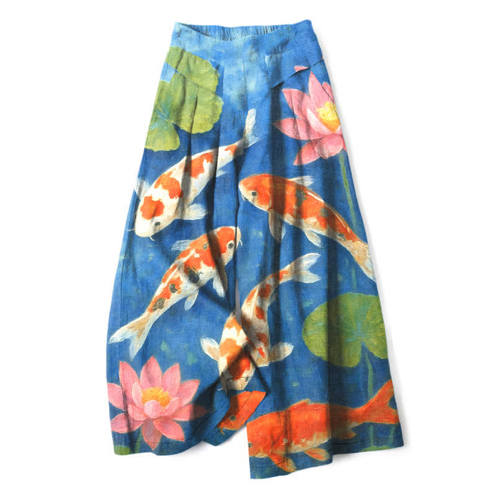 Buddha Stones Pantalon large à taille élastique et poches pour femme, en coton et lin, motif carpes koï rouges et blanches et lotus roses. - Bleu royal - US16，UK/AU20，EU48 (3XL) - image 4
