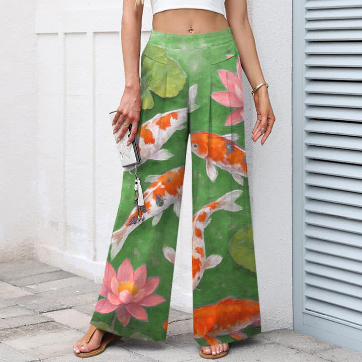 Buddha Stones Pantalon large à taille élastique et poches pour femme, en coton et lin, motif carpes koï rouges et blanches et lotus roses. - image 7