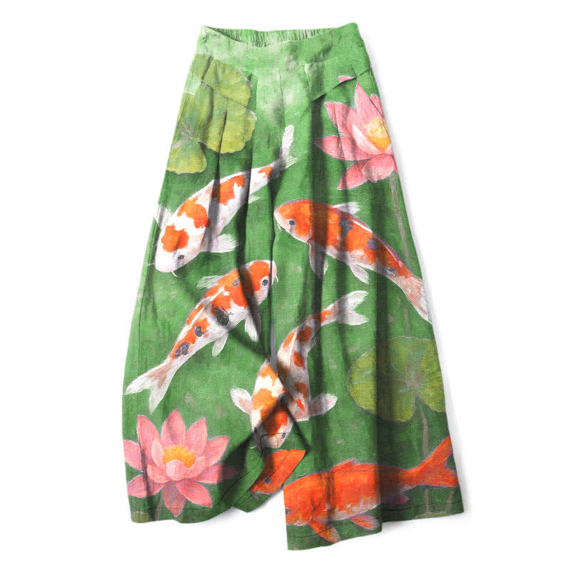 Buddha Stones Pantalon large à taille élastique et poches pour femme, en coton et lin, motif carpes koï rouges et blanches et lotus roses. - Vert pâle - US16，UK/AU20，EU48 (3XL) - image 6