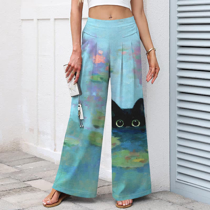 Buddha Stones Pantalon large en coton et lin à motif chat noir et étang de lotus pour femme, taille élastique et poches - image 1