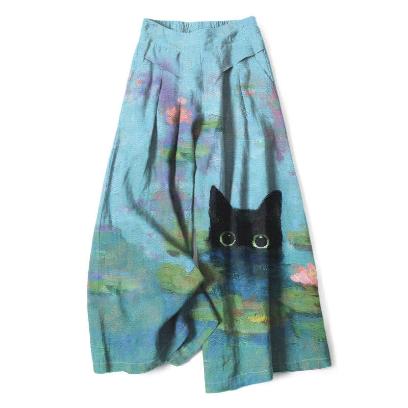 Buddha Stones Pantalon large en coton et lin à motif chat noir et étang de lotus pour femme, taille élastique et poches - Bleu clair - US16，UK/AU20，EU48 (3XL) - image 0