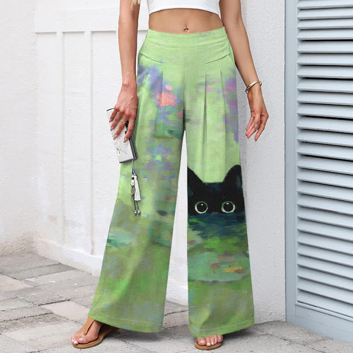 Buddha Stones Pantalon large en coton et lin à motif chat noir et étang de lotus pour femme, taille élastique et poches - image 5