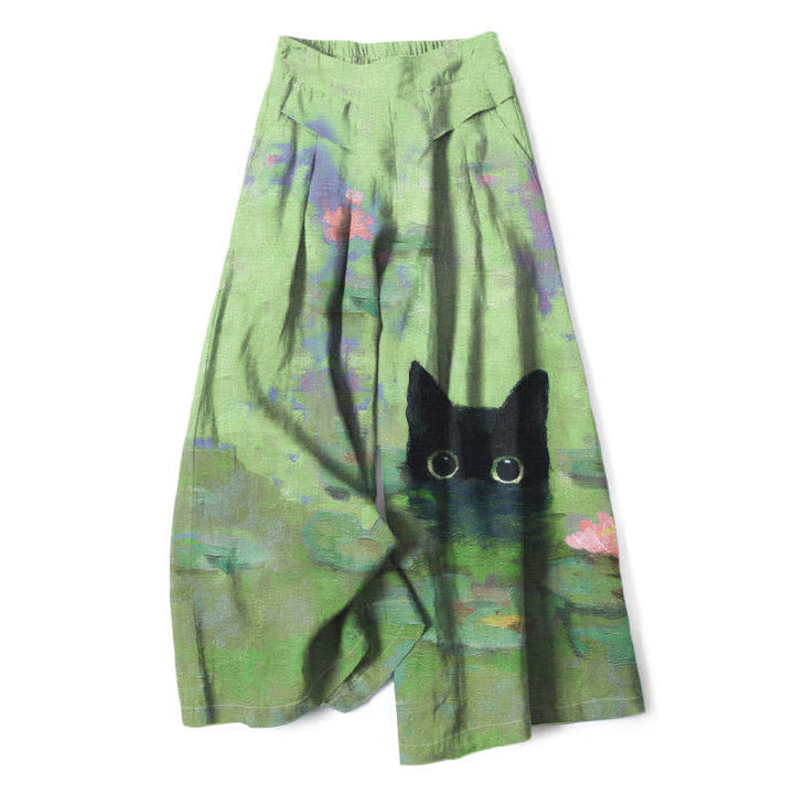 Buddha Stones Pantalon large en coton et lin à motif chat noir et étang de lotus pour femme, taille élastique et poches - Vert pâle - US16，UK/AU20，EU48 (3XL) - image 4