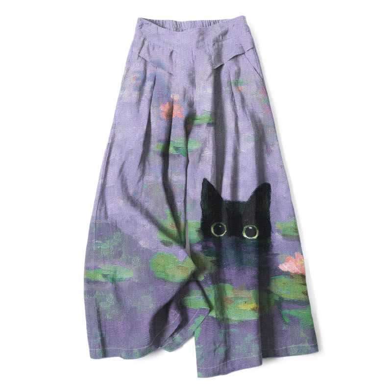 Buddha Stones Pantalon large en coton et lin à motif chat noir et étang de lotus pour femme, taille élastique et poches - Lavande - US16，UK/AU20，EU48 (3XL) - image 6