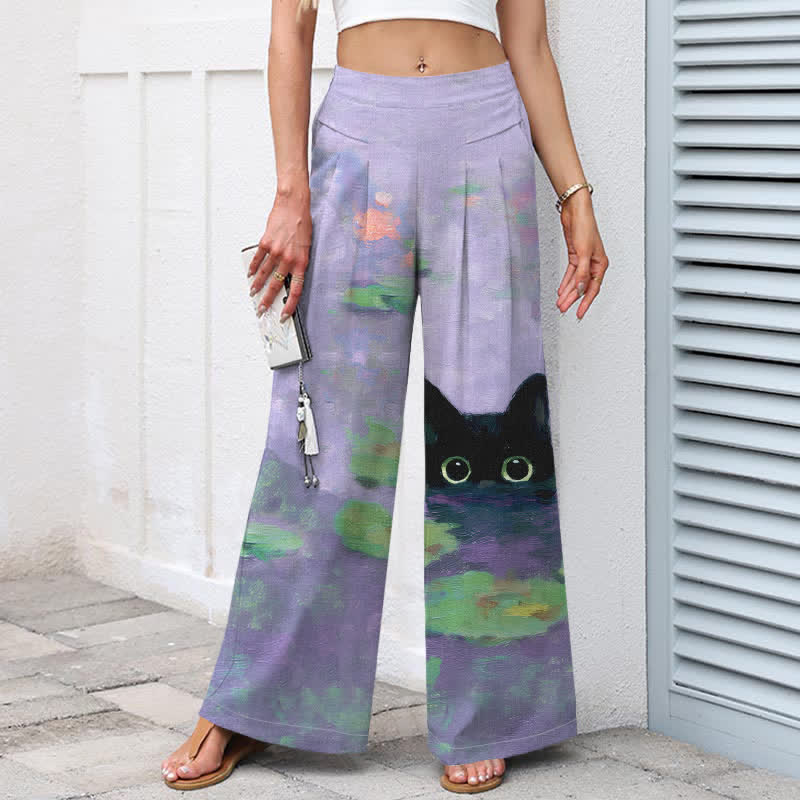 Buddha Stones Pantalon large en coton et lin à motif chat noir et étang de lotus pour femme, taille élastique et poches - image 7