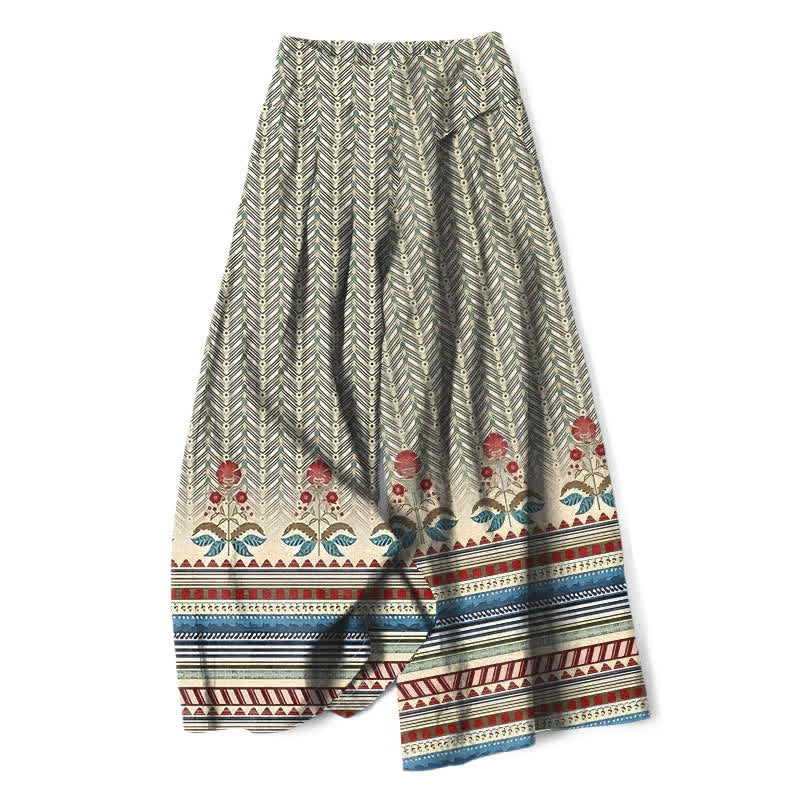 Buddha Stones Pantalon large pour femme en coton et lin, motif géométrique géométrique en zigzag, taille élastique et poches - Blé - US16，UK/AU20，EU48 (3XL) - image 0