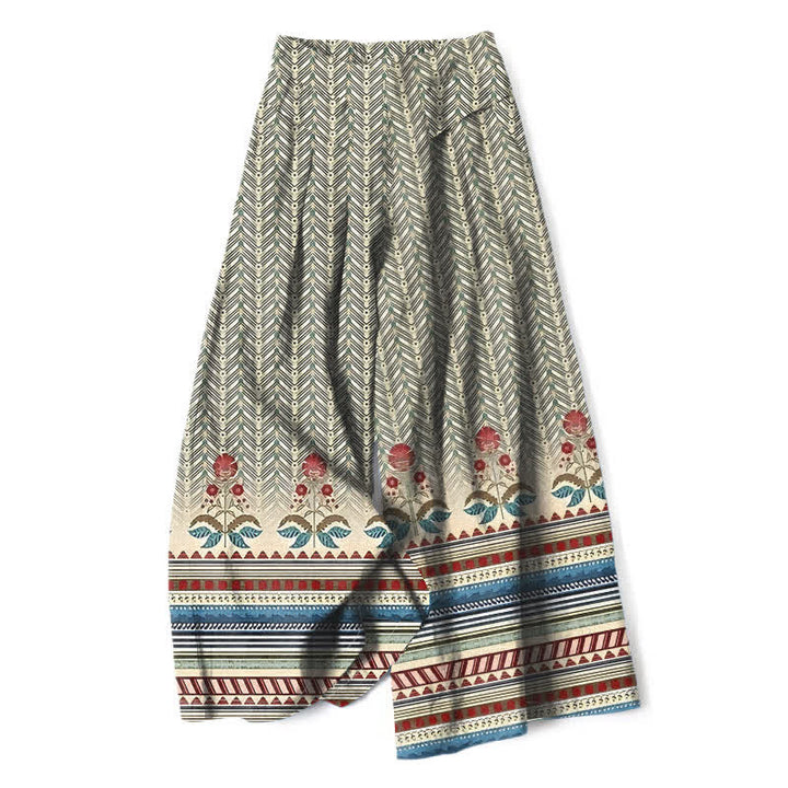 Buddha Stones Pantalon large pour femme en coton et lin, motif géométrique géométrique en zigzag, taille élastique et poches - Blé - US16，UK/AU20，EU48 (3XL) - image 0