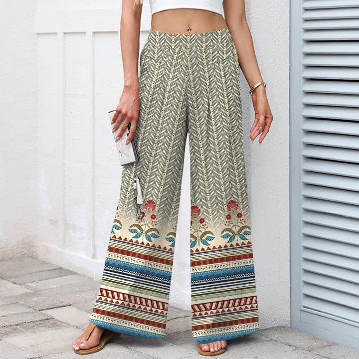 Buddha Stones Pantalon large pour femme en coton et lin, motif géométrique géométrique en zigzag, taille élastique et poches - image 1