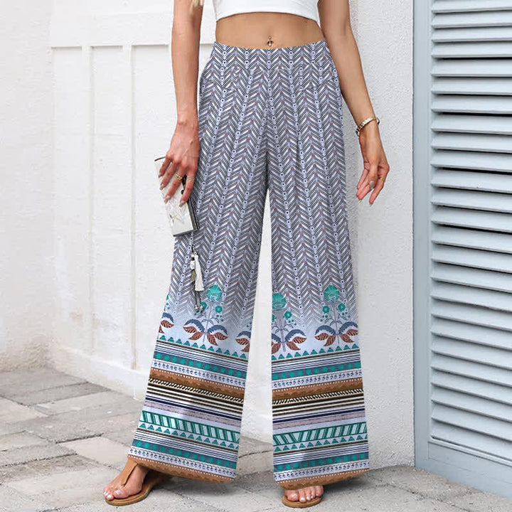 Buddha Stones Pantalon large pour femme en coton et lin, motif géométrique géométrique en zigzag, taille élastique et poches - image 5