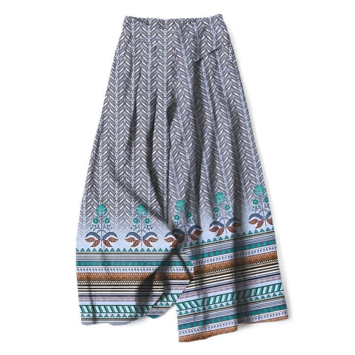 Buddha Stones Pantalon large pour femme en coton et lin, motif géométrique géométrique en zigzag, taille élastique et poches - Gris - US16，UK/AU20，EU48 (3XL) - image 4