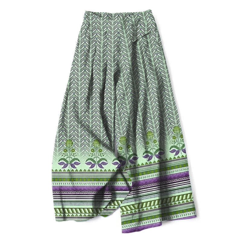 Buddha Stones Pantalon large pour femme en coton et lin, motif géométrique géométrique en zigzag, taille élastique et poches - Vert pâle - US16，UK/AU20，EU48 (3XL) - image 6
