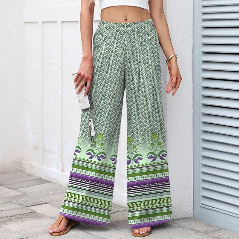 Buddha Stones Pantalon large pour femme en coton et lin, motif géométrique géométrique en zigzag, taille élastique et poches - image 7