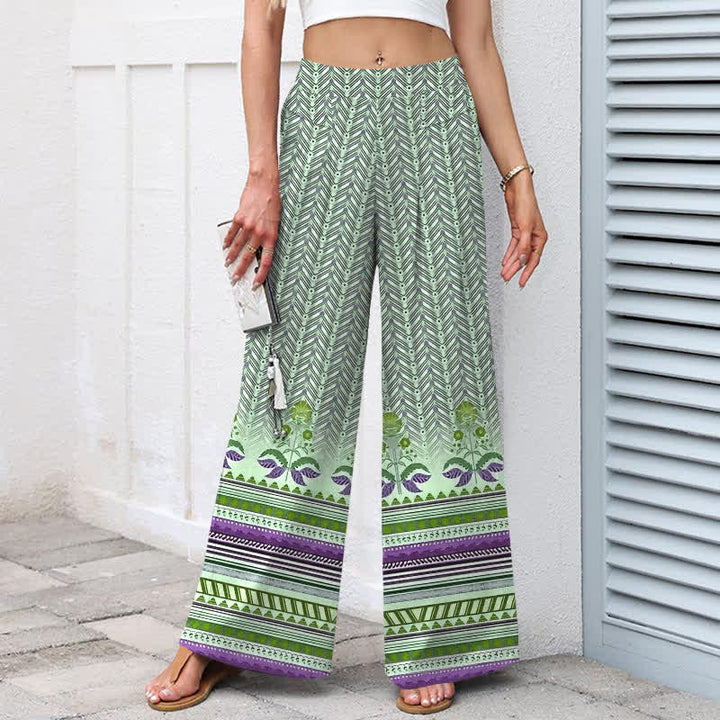 Buddha Stones Pantalon large pour femme en coton et lin, motif géométrique géométrique en zigzag, taille élastique et poches - image 7