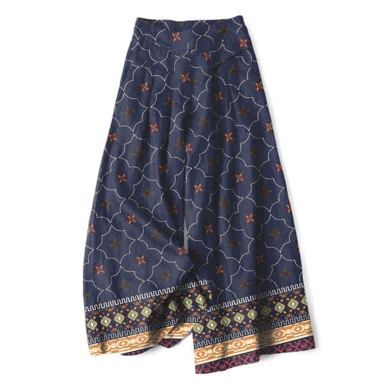 Buddha Stones Pantalon large à taille élastique et poches pour femme, en coton et lin, motif bohème géométrique à lignes florales. - Bleu nuit - US16，UK/AU20，EU48 (3XL) - image 0
