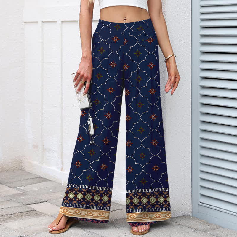 Buddha Stones Pantalon large à taille élastique et poches pour femme, en coton et lin, motif bohème géométrique à lignes florales. - image 1