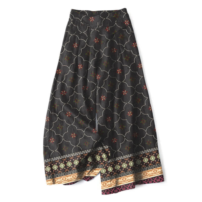 Buddha Stones Pantalon large à taille élastique et poches pour femme, en coton et lin, motif bohème géométrique à lignes florales. - Noir - US16，UK/AU20，EU48 (3XL) - image 4