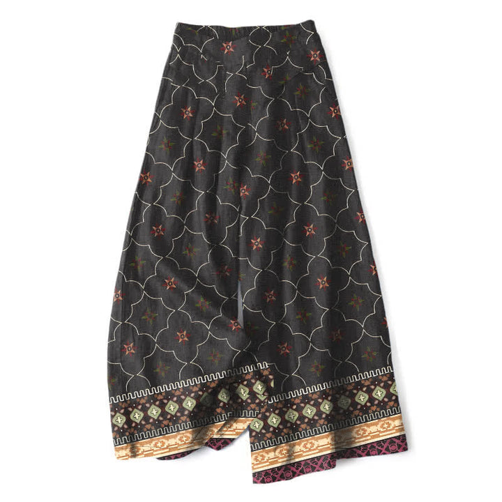 Buddha Stones Pantalon large à taille élastique et poches pour femme, en coton et lin, motif bohème géométrique à lignes florales. - Noir - US16，UK/AU20，EU48 (3XL) - image 4