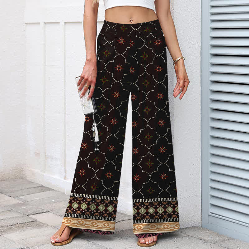 Buddha Stones Pantalon large à taille élastique et poches pour femme, en coton et lin, motif bohème géométrique à lignes florales. - image 5