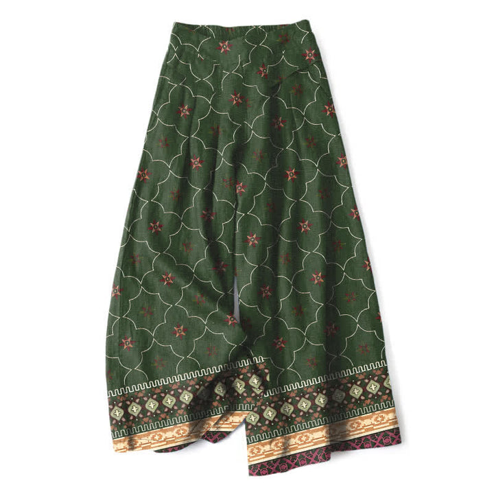 Buddha Stones Pantalon large à taille élastique et poches pour femme, en coton et lin, motif bohème géométrique à lignes florales. - Vert olive foncé - US16，UK/AU20，EU48 (3XL) - image 6