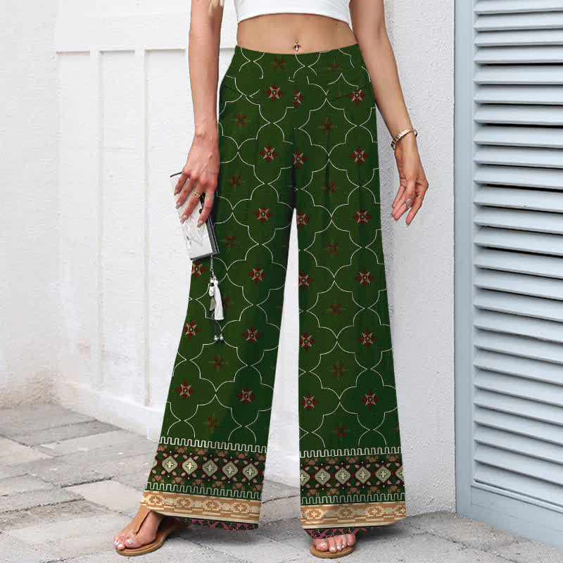 Buddha Stones Pantalon large à taille élastique et poches pour femme, en coton et lin, motif bohème géométrique à lignes florales. - image 7