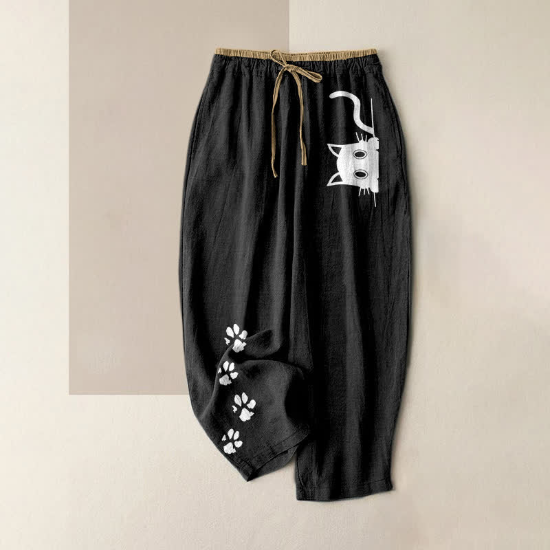 Buddha Stones Pantalon pour femme en pur coton avec motif pattes de chat mignon et taille élastique et poches - Noir - US16，UK/AU20，EU48 (3XL) - image 0