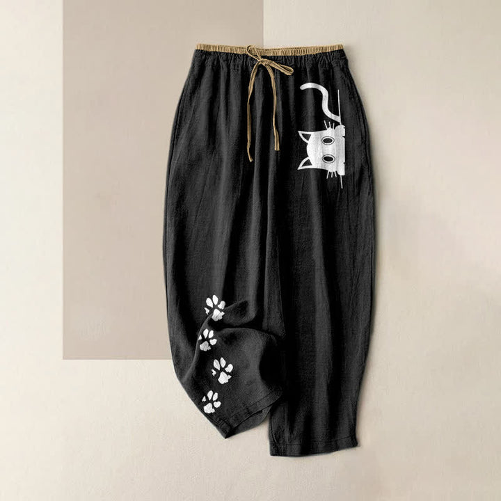Buddha Stones Pantalon pour femme en pur coton avec motif pattes de chat mignon et taille élastique et poches - Noir - US16，UK/AU20，EU48 (3XL) - image 0