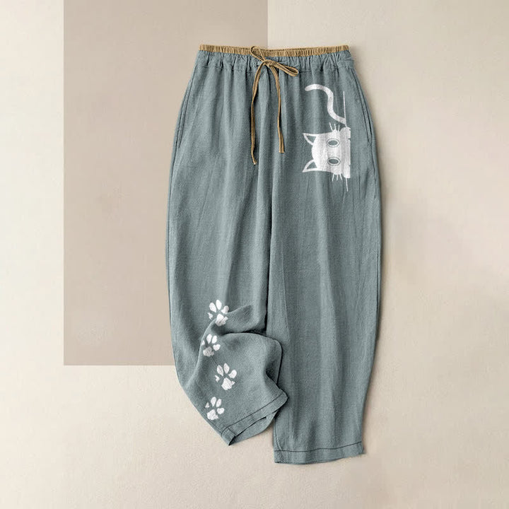Buddha Stones Pantalon pour femme en pur coton avec motif pattes de chat mignon et taille élastique et poches - Bleu clair - US16，UK/AU20，EU48 (3XL) - image 4