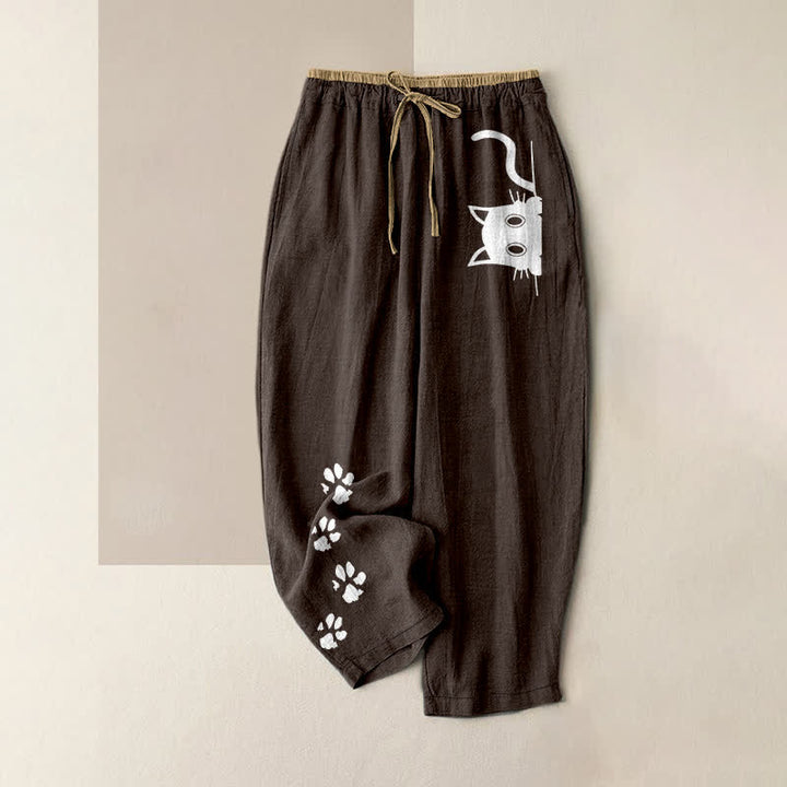 Buddha Stones Pantalon pour femme en pur coton avec motif pattes de chat mignon et taille élastique et poches - SaddleBrown - US16，UK/AU20，EU48 (3XL) - image 8