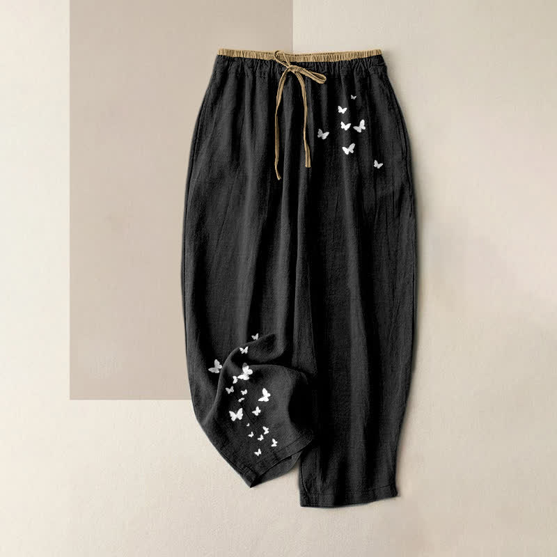 Buddha Stones Pantalon pour femme en pur coton blanc à motif papillon, taille élastique et poches - Noir - US16，UK/AU20，EU48 (3XL) - image 4