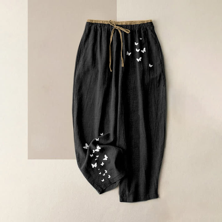 Buddha Stones Pantalon pour femme en pur coton blanc à motif papillon, taille élastique et poches - Noir - US16，UK/AU20，EU48 (3XL) - image 4