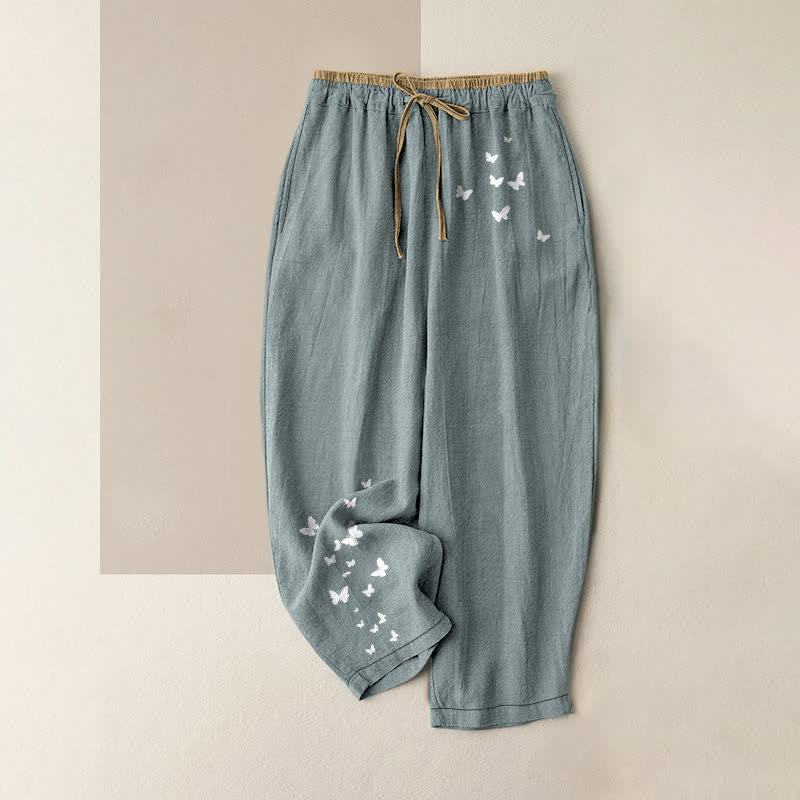 Buddha Stones Pantalon pour femme en pur coton blanc à motif papillon, taille élastique et poches - Bleu clair - US16，UK/AU20，EU48 (3XL) - image 0