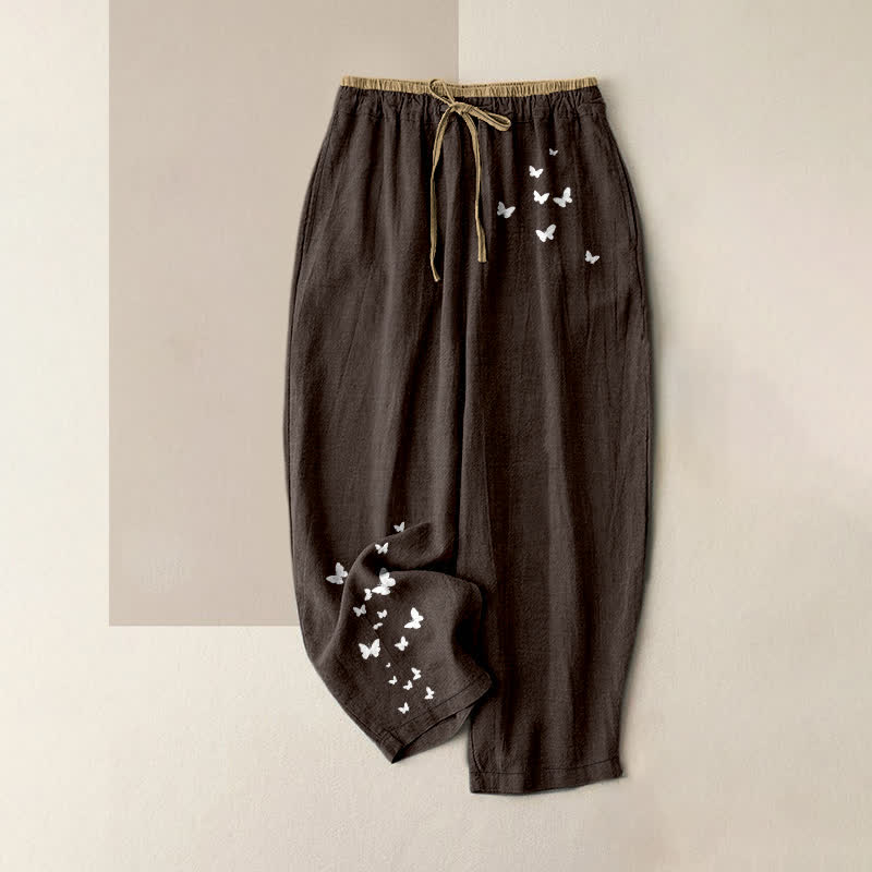 Buddha Stones Pantalon pour femme en pur coton blanc à motif papillon, taille élastique et poches - SaddleBrown - US16，UK/AU20，EU48 (3XL) - image 8
