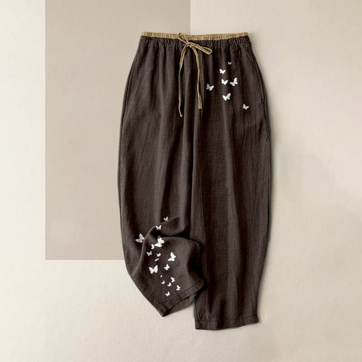Buddha Stones Pantalon pour femme en pur coton blanc à motif papillon, taille élastique et poches - SaddleBrown - US16，UK/AU20，EU48 (3XL) - image 8