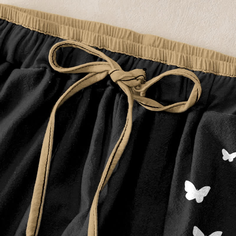 Buddha Stones Pantalon pour femme en pur coton blanc à motif papillon, taille élastique et poches - image 5