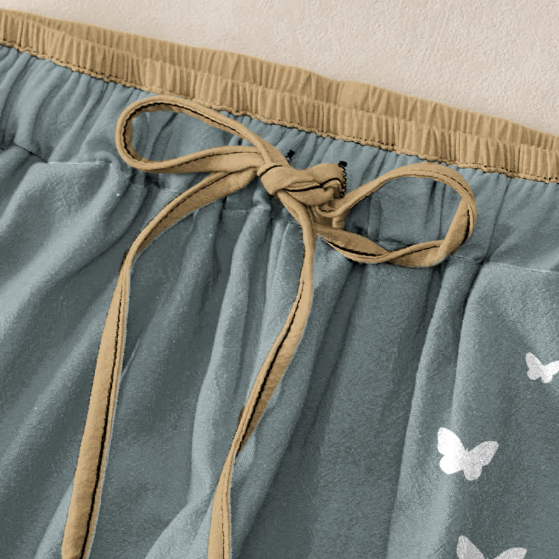 Buddha Stones Pantalon pour femme en pur coton blanc à motif papillon, taille élastique et poches - image 1