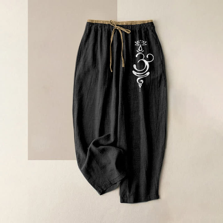Buddha Stones Pantalon pour femme en pur coton, motif lotus sacré Om, taille élastique et poches - Noir - US16，UK/AU20，EU48 (3XL) - image 4