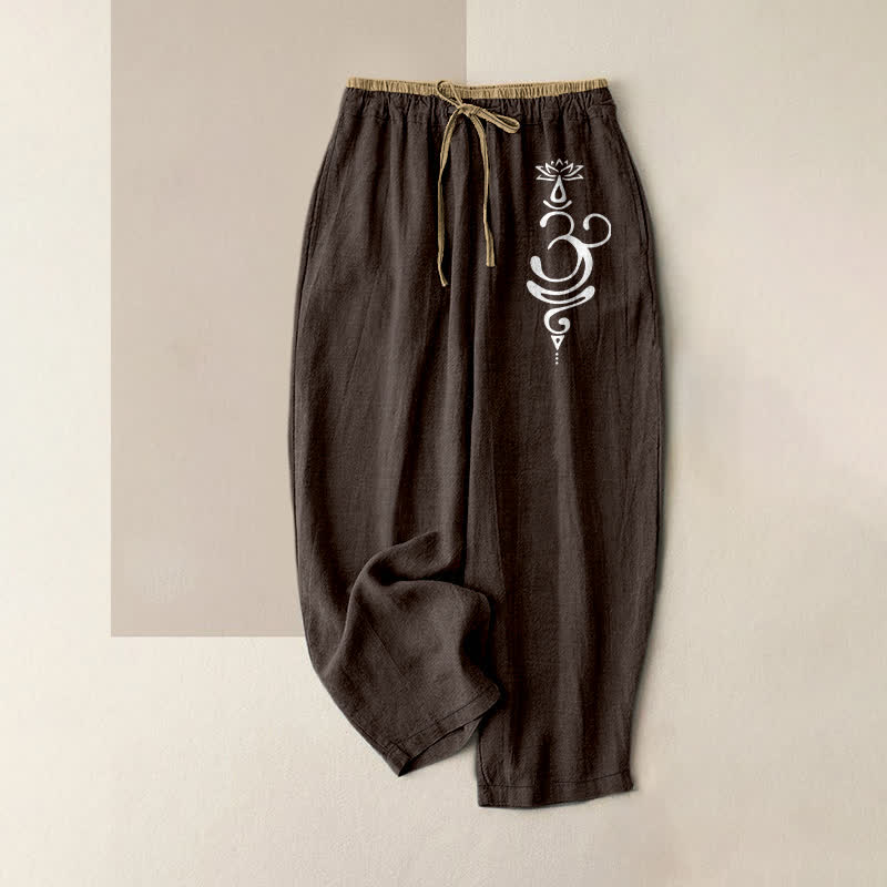 Buddha Stones Pantalon pour femme en pur coton, motif lotus sacré Om, taille élastique et poches - SaddleBrown - US16，UK/AU20，EU48 (3XL) - image 0