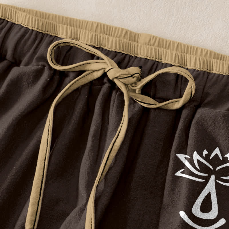 Buddha Stones Pantalon pour femme en pur coton, motif lotus sacré Om, taille élastique et poches - image 1