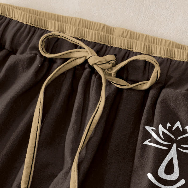 Buddha Stones Pantalon pour femme en pur coton, motif lotus sacré Om, taille élastique et poches - image 1