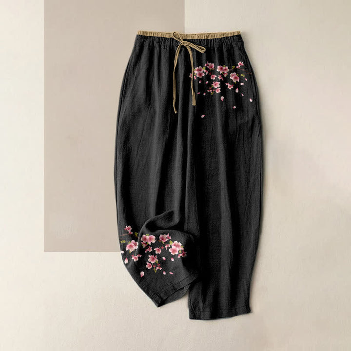 Buddha Stones Pantalon pour femme en pur coton à motif floral rose, taille élastique et poches - Noir - US16，UK/AU20，EU48 (3XL) - image 0