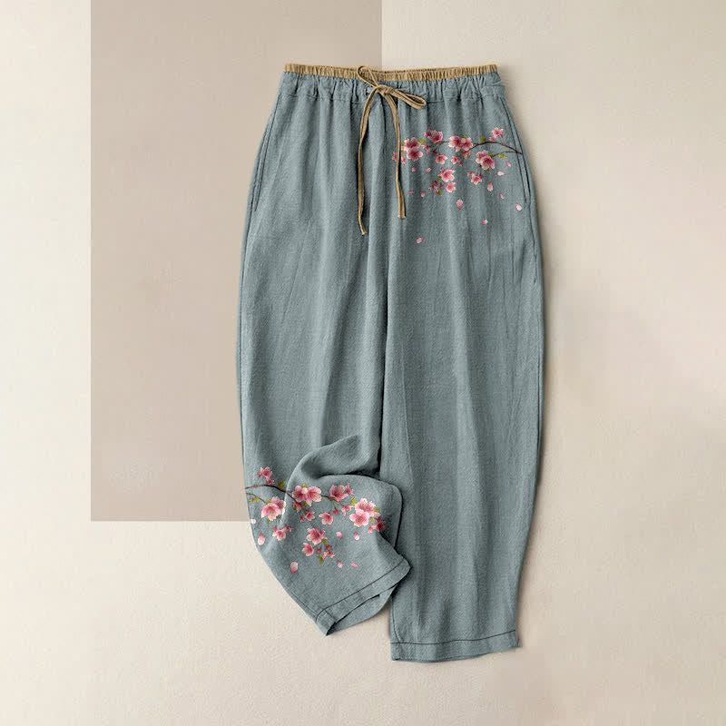 Buddha Stones Pantalon pour femme en pur coton à motif floral rose, taille élastique et poches - Bleu clair - US16，UK/AU20，EU48 (3XL) - image 4