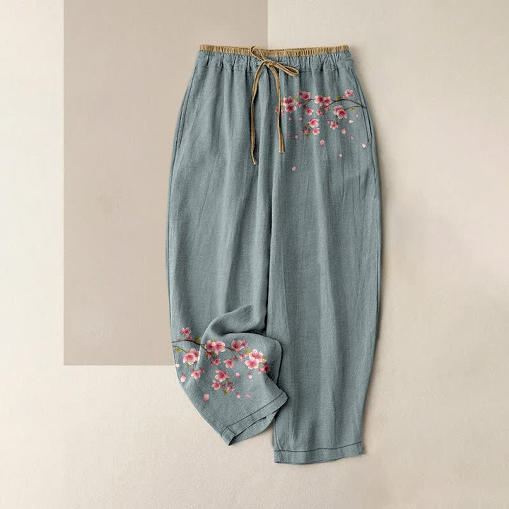 Buddha Stones Pantalon pour femme en pur coton à motif floral rose, taille élastique et poches - Bleu clair - US16，UK/AU20，EU48 (3XL) - image 4