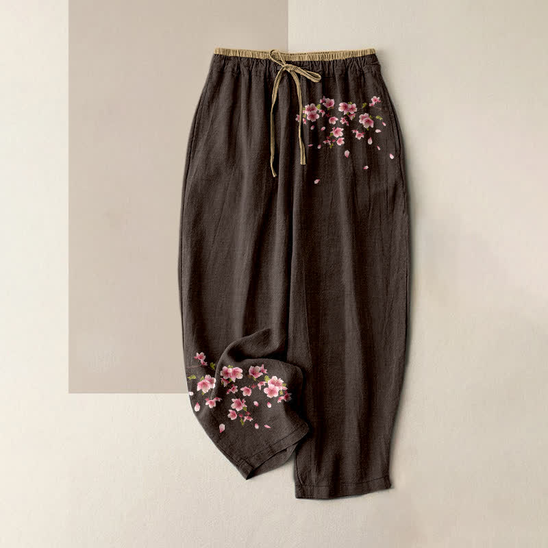 Buddha Stones Pantalon pour femme en pur coton à motif floral rose, taille élastique et poches - SaddleBrown - US16，UK/AU20，EU48 (3XL) - image 8