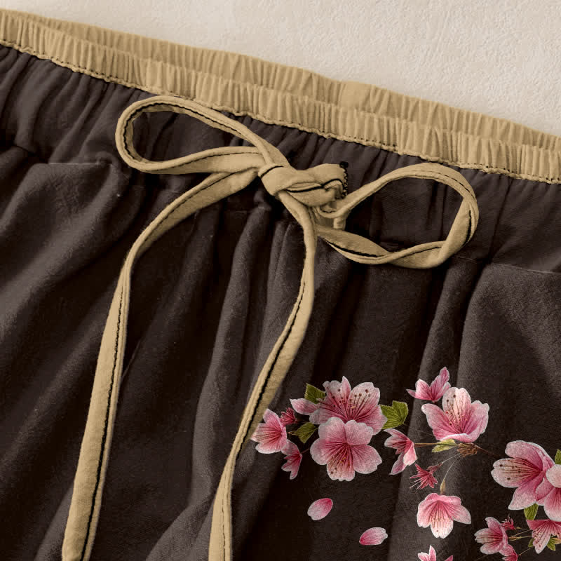 Buddha Stones Pantalon pour femme en pur coton à motif floral rose, taille élastique et poches - image 9