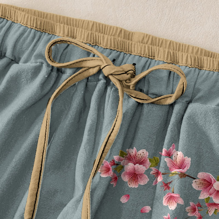 Buddha Stones Pantalon pour femme en pur coton à motif floral rose, taille élastique et poches - image 5