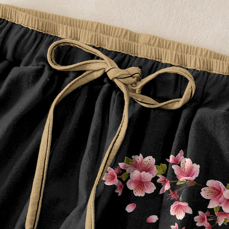 Buddha Stones Pantalon pour femme en pur coton à motif floral rose, taille élastique et poches - image 1