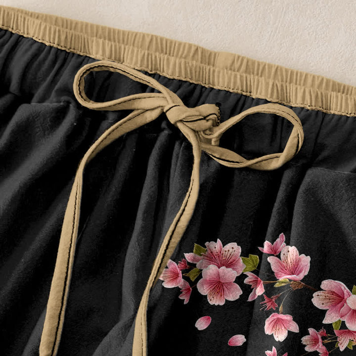 Buddha Stones Pantalon pour femme en pur coton à motif floral rose, taille élastique et poches - image 1