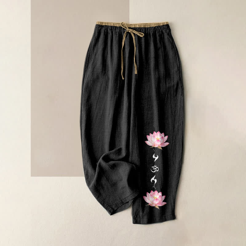 Buddha Stones Pantalon pour femme en pur coton rose à motif lotus OM Zen et taille élastique avec poches - Noir - US16，UK/AU20，EU48 (3XL) - image 4